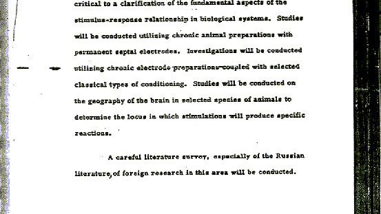 A declassified CIA MKULTRA research proposal document, stamped "RELEASED," describing a study of brain stimulation and conditioning in animals